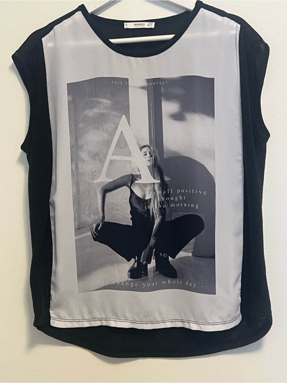 Mango Black and White Photographic Graphic Cap-Sleeve Top